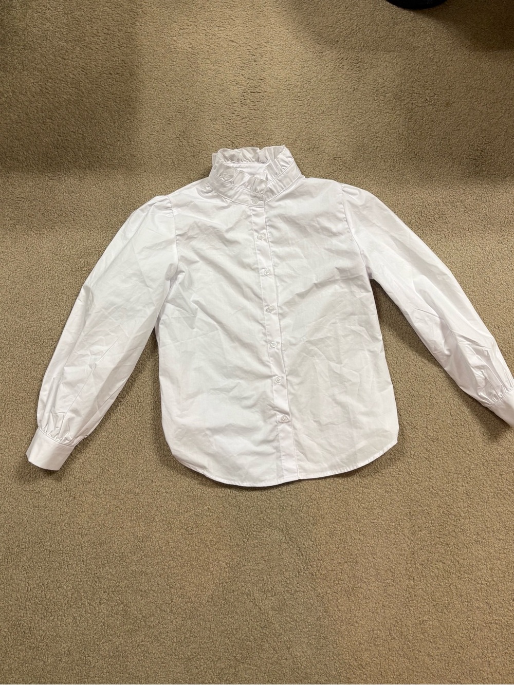 White Ruffled Stand Collar Button-Up Blouse